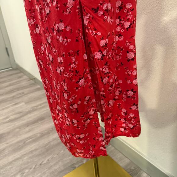 Old Navy Red Floral Puff Sleeve Midi Dress XL Smocked Open Back Cottagecore - Picture 6 of 8